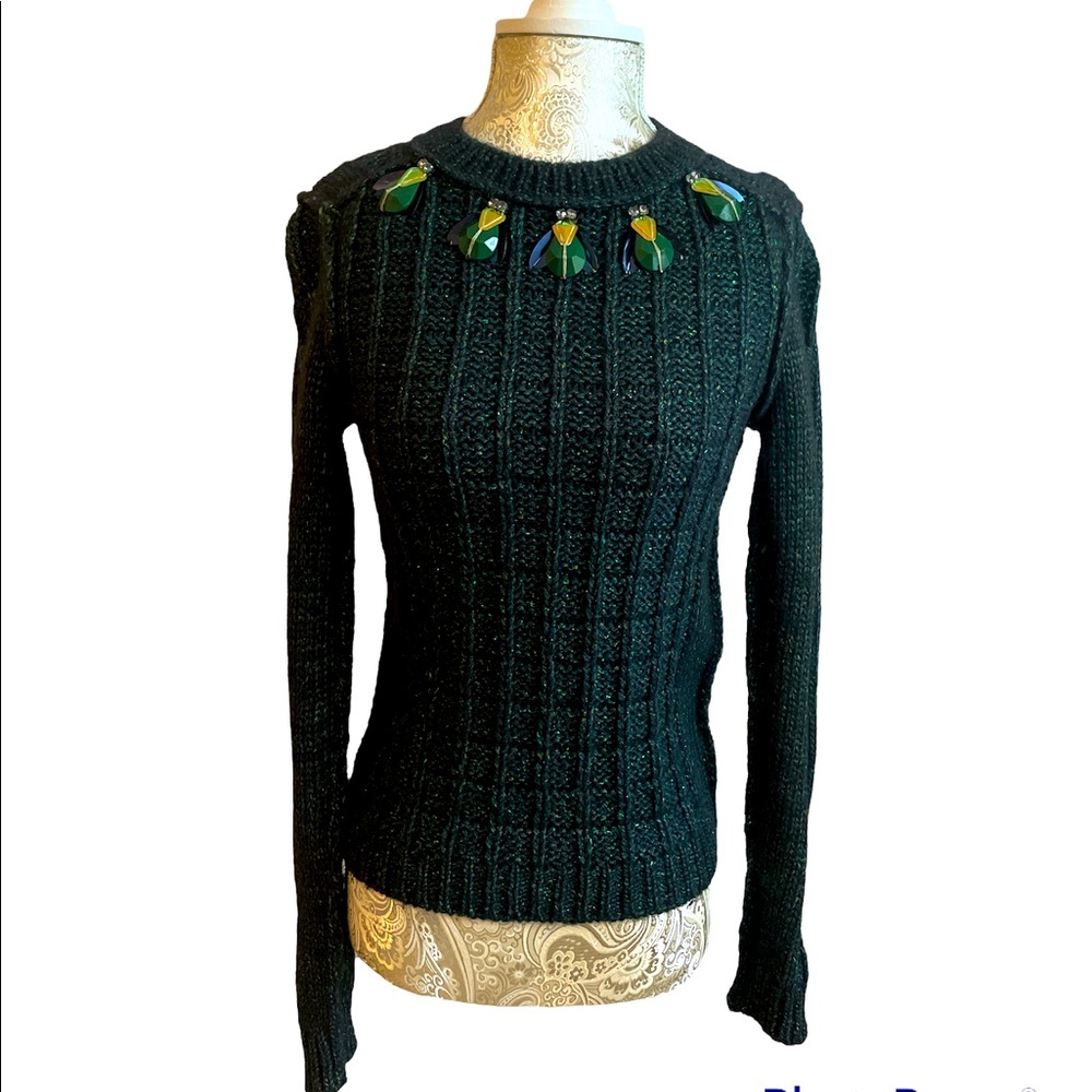 Tory Burch Lucy Sweater Metallic Green Bug Beetle Embellished in XS